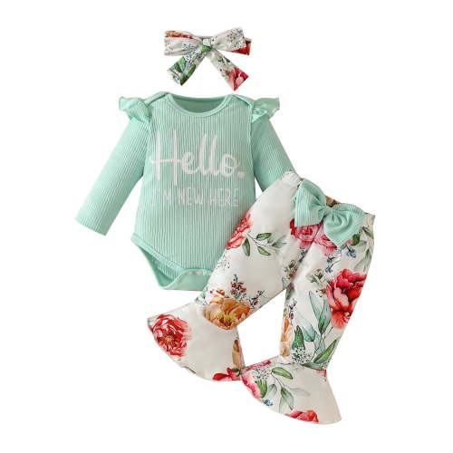 Toddler Girl Outfit Cute Baby Autumn Long Sleeve Letters Bodysuit Flower Print Flare Pant Hair Band Outfits Girls Clothes Set Green 3