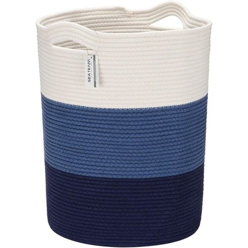 Sea Team Large Size Cotton Rope Woven Storage Basket with Handles, Laundry Hamper, Fabric Bucket, Drum, Clothes Toys Organizer for Kid's Room, 20 x 14 inches, Round Open Design, White & Navy