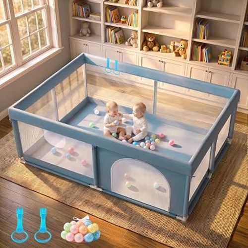 Baby Playpen 71x59, Tool‑Free Baby Fence Indoor Outdoor, Blue Gray