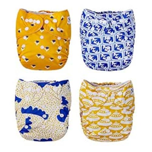 Nora's Nursery Cloth Pocket Diapers 4 Pack with 4 Inserts - Waterproof Cover, Washable, Reusable & One Size Adjustable Pocket Diapers for Newborns and Toddlers - Sicilian Summer