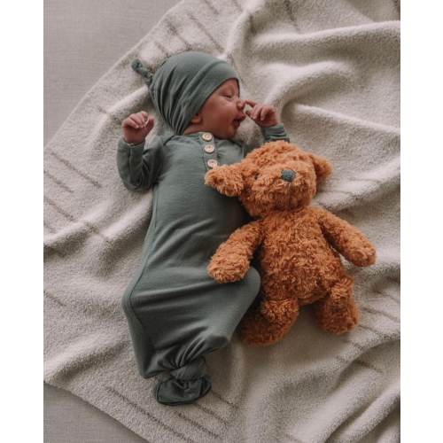 Dusty Sage Green Newborn Gown Set: Bamboo, Knotted Hat & Headband