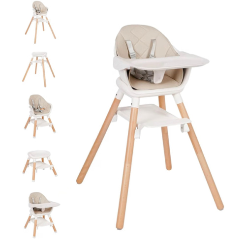 High Chair, 6 in 1 Wooden Convertible High Chairs for Babies and Toddlers, Booster Seat with Double Tray & Reversible Footrest Baby Highchair, 5-Point Harness Baby Feeding Chair, Beige