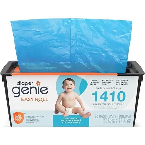 Diaper Genie Easy Roll Refill | 30 Bags Per Refill | Holds Up to 1410 Newborn Diapers | Odor Control | Diaper Pail Refill Bags | Fits Diaper Genie Signature & Platinum Pails