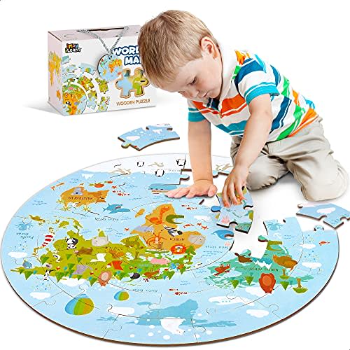 iPlay, iLearn Floor Puzzle Toy for Kid Age 3-5 4-8, Toddler Wooden Jigsaw Puzzle, Round World Map Puzzle W/Large Pieces, Geography Educational Stocking Stuffer Gift for 6-7 Year Old Boy Girl Children