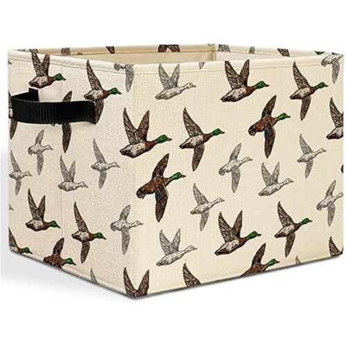 Vintage Mallard Duck Storage Bins Box with Handles, Duck Nursery Decor, Wild Flying Ducks Laundry Basket Hamper Collapsible Clothes Toys Organizer for Kids Boys Bedroom Bathroom