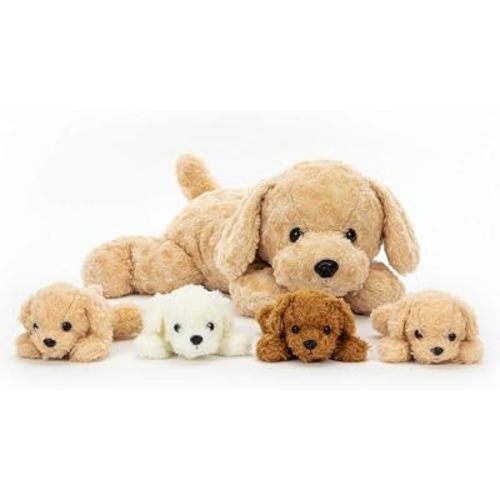Chirpy Chums Classic Dog Family – 17” Mommy Dog Stuffed Animal with 4 Baby Puppies Inside, Zipper Belly Surprise Plush, Ultra-Soft Mommy & Puppy Plush for Kids Ages 3+
