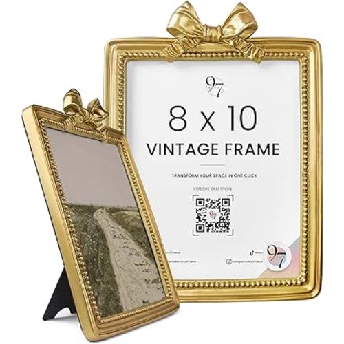 97 Decor 8x10 Vintage Picture Frame - Elegant Antique Frames 8x10 With Glass Front, Fancy Ornate Gold Frame 8 X 10 For Tabletop And Wall Mounting, Bow Photo Frames For Walls Hanging