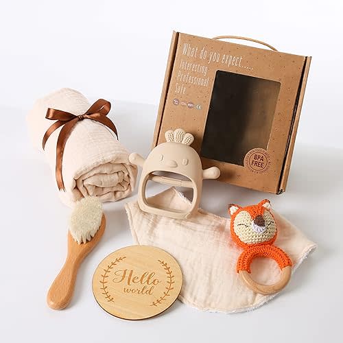 YOUUYS Baby Gift Set for Newborn - Baby Essential Bath Basket Gift Set with Baby Blanket Baby Rattle Teether Toy & Hair Brush Newborn Shower Gift for Baby Girls Boys 6PCS (Orange Fox)