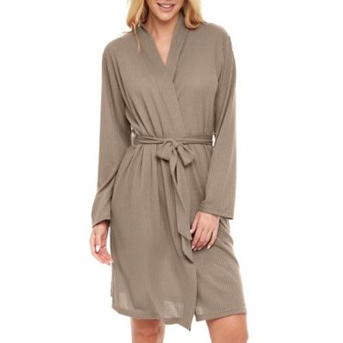 ADR Women's Ribbed Knit Wrap Robe with Pockets, Lightweight Bathrobe Beige 2X