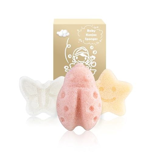 MoHern Konjac Baby Sponge for Bathing, 3Pcs Natural Cute Shapes, Kids Bath sponges for Infants, Toddler Bath time, Plant-Based, Extra Soft