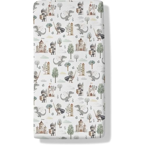Cute Pastel Dragons Castle Knight Baby Crib Sheets Fantasy Dragons Trees Standard Crib Toddler Mattresses Magical Nursery Bedding Sheet Crib Mattress Sheets 28x52in