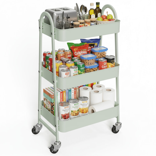 EDX 3 Tier Rolling Cart, Metal Utility Storage Organizer with Lockable Wheels, Green