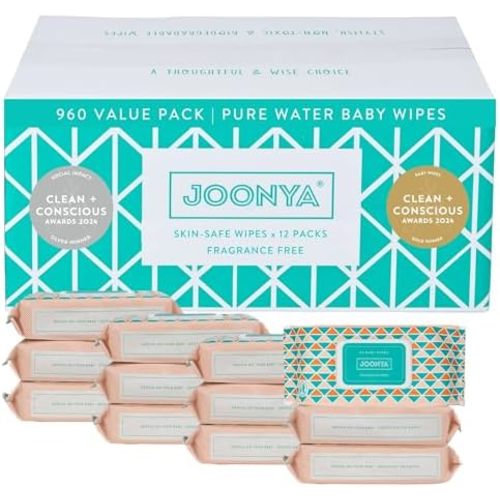 JOONYA Unscented Baby Wipes — Plant-Based, Fragrance-Free Bulk Diaper Wipes | Hypoallergenic, Non-Toxic & Biodegradable Wet Wipes for Sensitive Newborn Skin | 12 Packs of 80 (960 Total)