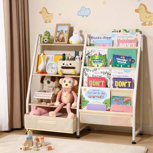 Amazon.com: Kids Bookshelf and Toy Storage-Book Shelf for Kids Rooms, Toddler Bookshelf | Montessori Bookshelf, Baby Bookcase With 4 Sling Shelves & Fabric Toy Chest Toy Organizer for Playrooms, Bedrooms, Nursery