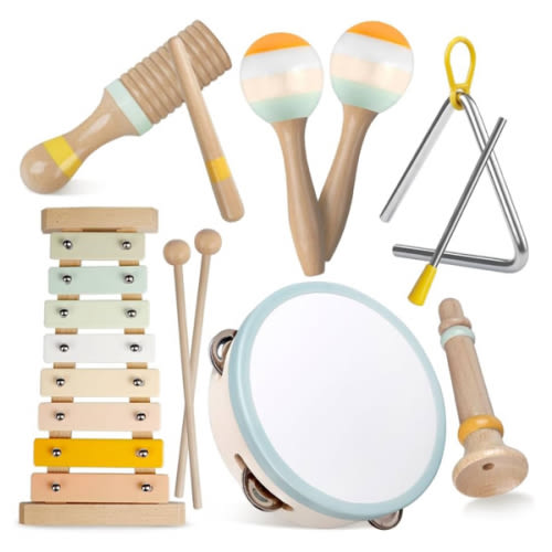 Baby Musical Instruments-Montessori Wooden Toys for Toddlers 1-3,Neutral Colors Percussion Instruments Set with Modern Boho Xylophone for Kids Preschool Educational 3+