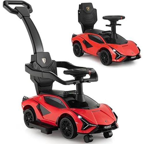INFANS 3 in 1 Ride on Push Car, Licensed Lamborghini Baby Stroller Sliding Walking Car with Parent Control Handle, Music, USB, Headlight, Under Seat Storage, Foot-to-Floor Toy for 18-60 Months (Red)