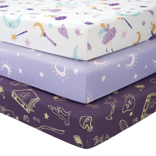 Baby Crib Sheets Girl, 3 Pack Toddler Bed Sheets Fitted for 52”x28” Standard Crib and Toddler Mattresses, Super Soft Microfiber Purple Magic Fairy