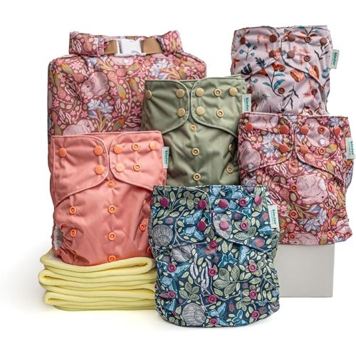 Kinder Cloth Diapers Reusable Baby Diapers Pocket Style Athletic Wicking Jersey, Bamboo Viscose Inserts, Wet Bag, Newborn to Potty Training 7-60lbs, One Size (Garden Party, 5 Pack, with Inserts)