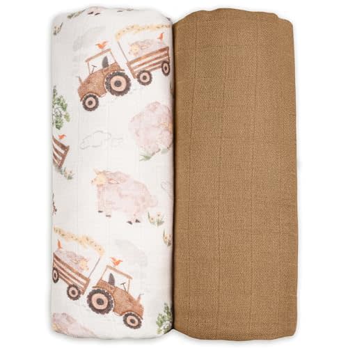 GLLQUEN BABY Muslin Swaddle Blankets Breathable Receiving Blankets (35" x 40") 2-Pack Soft Baby Blankets for Girls and Boys Newborn Essentials Muslin Burp Cloths Swaddle Wrap Baby Gift(Barn Prelude)