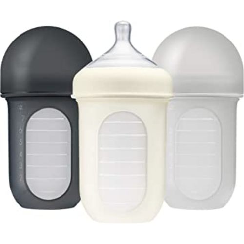 Boon NURSH Reusable Silicone Baby Bottles with Collapsible Silicone Pouch Design — Everyday Baby Essentials — 3 Count — Stage 2 Medium Flow — 8 Oz — Gray