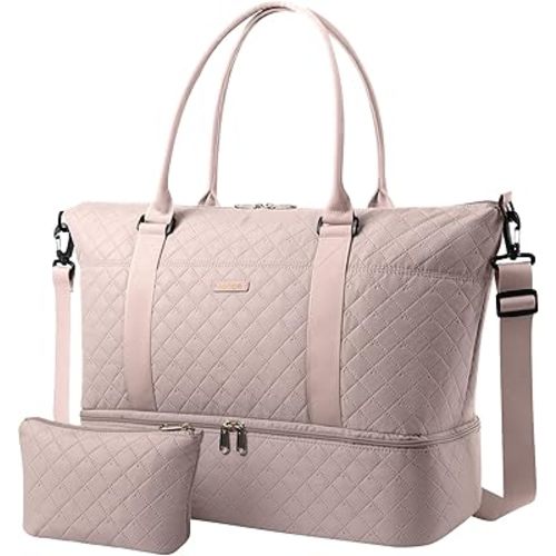 HOTOR Travel Duffel Bag - Weekender Bags for Women, Gym Tote Bags with Shoe Compartment, Carry On Overnight Bag with Toiletry Bag for Travel Essentials and Travel Accessories, Pink, 13.4"×17.3"×7.9"