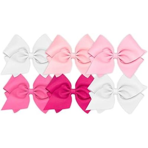 Wee Ones Girls' 6 Piece Set of Bows, Solid Grosgrain Variety Pack on a WeeStay No-Slip Hair Clip, Mini King, White, Light Pink, Pearl, Hot Pink, Shocking Pink