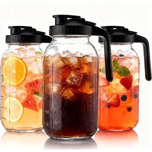 3 Pack 64oz Glass Pitcher with Lid, Mason Jar Style Water Pitcher for Fridge, Wide Mouth Glass Jug Great for Cold Beverage, Iced Coffee, Juice, Tea（3 Black）
