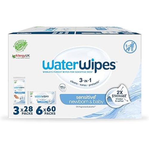 WaterWipes 444 Pack, Mixed Baby Wipes, 3-In-1 Cleans, Cares, Protects, 99.9% Water, Unscented (6 packs x 60 + 3 packs x 28)