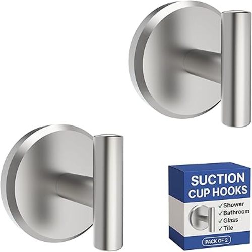 HOME SO Suction Cup Hooks for Shower & Bathroom Towel Holder 2-Pack – Suction Cups Hooks for Hanging Towels, Robes, & Coats - Tiles, Glass Door or Mirror – Shower Hooks & Towel Hooks - Nickel T-Shape