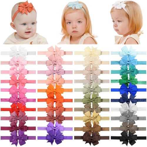 jollybows 40pcs Baby Girls Grosgrain Ribbon Hair Bows Headbands 3" Hair Band Hair Accessories for Infants Newborn Toddler (3- Natural Multi-colored)