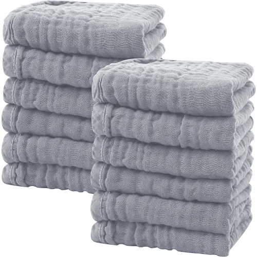 SWEET DOLPHIN 12 Pack Baby Muslin Washcloths - Soft Face Cloths for Newborn, Absorbent Bath Wash Cloths, Wipes, Burp Rag - Toddlers Essentials Stuff, Baby Registry as Shower -10"x10", Grey