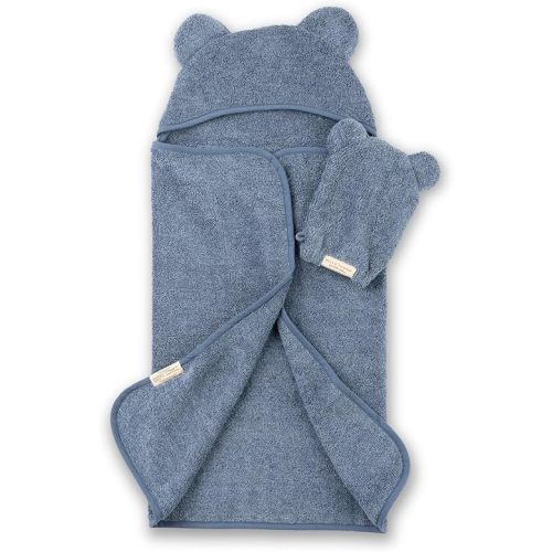 Bella Tunno Baby Bath Towel and Wash Mitt Set – Soft Absorbent Hooded Towels and Mitt-Style Baby Washcloths, Oeko-TEX Certified (Rain)