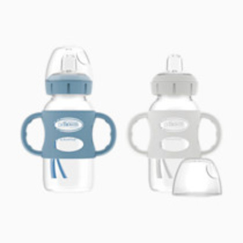 Dr. Brown's Wide-Neck Sippy Spout Bottle with Silicone Handles (2 Pack) - Lt Blue & Gray, 9 Oz, 2