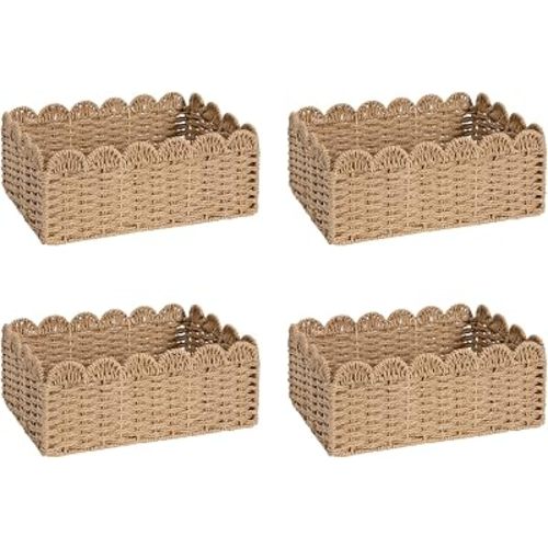 4 Pack Foldable Scalloped Basket, Handwoven Wicker Storage Baskets for Shelves Books Toys Towels, 14" L x 10.5" W x 6" H Natural Paper Rope Rattan Baskets for Organizing Boho Farmhouse Home Decor