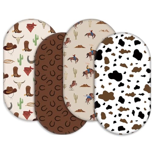 4 Pcs Western Cowboy Bassinet Sheets 32"x16"x3.9", Soft Breathable Cow Print Baby Bassinet Sheet for Standard Toddler Mattress, Boys