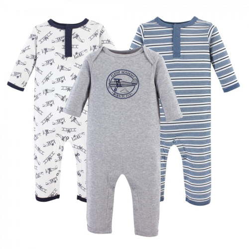 Hudson Baby Infant Boy Cotton Coveralls 3pk, Aviation, 9-12 Months