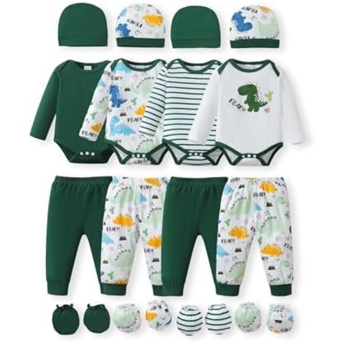 NZRVAWS Newborn Baby Boy Girl Clothes Unisex Infant Romper Pants Set Hat 4-Pack Outfits 0-12 Months 16 Pieces Toddler