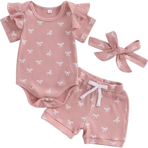 Mubineo Baby Girl Summer Clothes Cute Bowknot Romper Shorts Outfits Ruffle Short Sleeve Bodysuit Tops Newborn Set Outfit