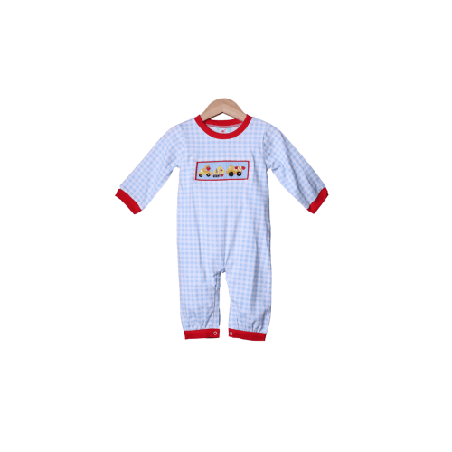 Smocked Construction Heart Blue Gingham