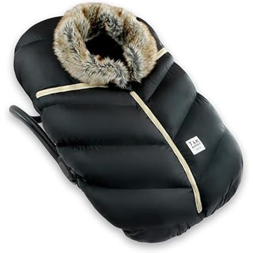 7AM Enfant Car Seat Covers - Cocoon Baby Cover for Boys & Girls, Rain & Snow Repellent, Breathable Windproof, Center Zipper, Universal Fit for Infant Car Seat (0-12M) (Black Faux Fur)
