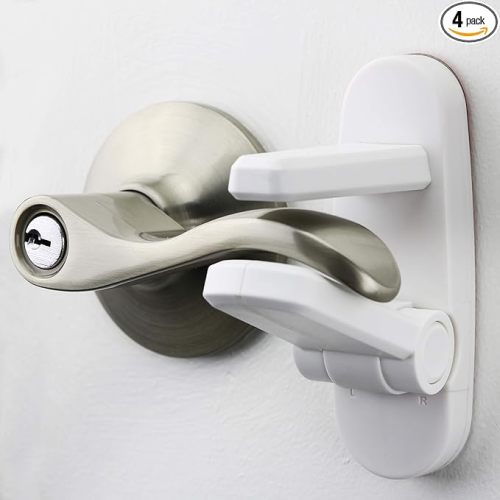 Door Lever Locks (4 Pack) - Prevents Toddlers from Opening Doors - Durable ABS with 3M Adhesive - Easy One-Hand Operation for Adults, No Tools Needed