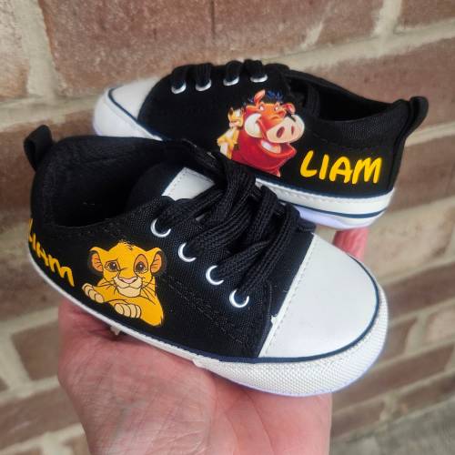 Custom Lion King Shoe For Baby Personalized Lion King Soft Sole For 3-18 Months Black Low Top Baby Sneakers With Simba Timon Pumbaa Pumba