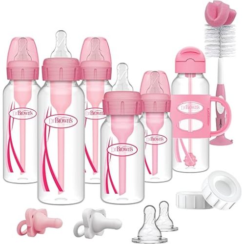 Dr. Brown's Anti-Colic Options+ Narrow Bottle Gift Set with Sippy Straw Bottle, HappyPaci Silicone Pacifiers, Storage/Travel Caps, and Bottle Brush, Pink