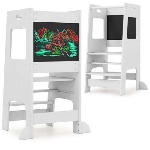 Costway Toddler Kitchen Step Stool with Activity Chalkboard Adjustable Height & Safety Rail Beige/White