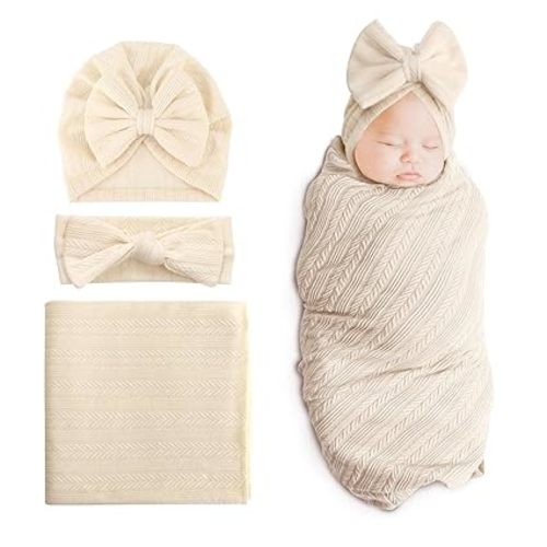 DRESHOW BQUBO Newborn Receiving Blanket Toddler Warm for Girls with Bow Hat and Bow Headband Shower Gift