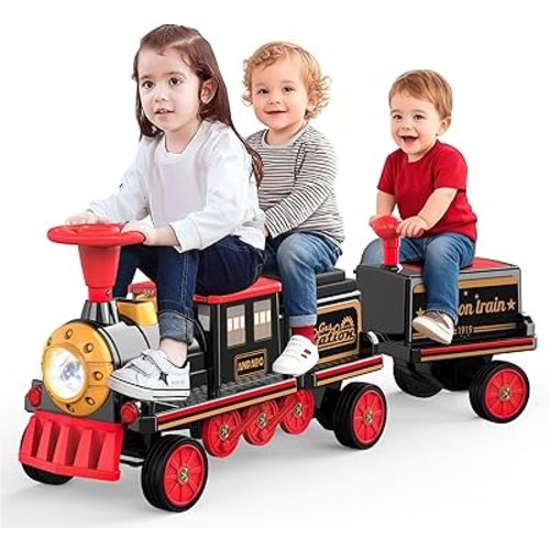 ANPABO Ride On Train Set Trackless, Include 1 Locomotive and 1 Carriage, 12V Kids Car with Height-Adjustable Seat, Extra Storage, Headlight, Train Whistle & Music, Electric Car for Kids 3+, Red
