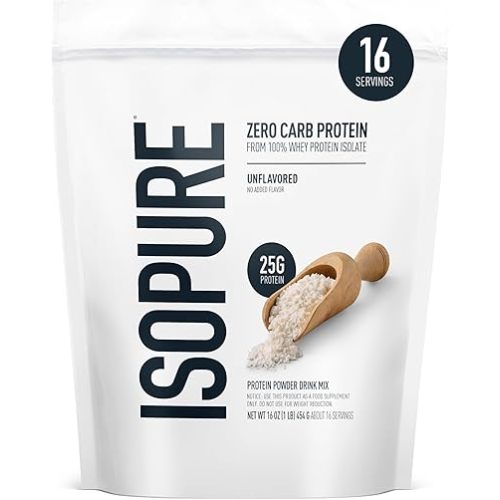 Isopure Zero Carb 100% Pure Whey Isolate Protein Powder, Gluten Free, with Vitamins, Unflavored, 25g Protein Per Serving, 1 Lb, 16 Servings (Packaging May Vary)
