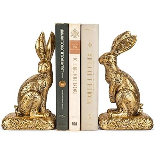 Rabbit Bookends, Decorative Bunny Book Ends for Shelves, Unique Rabbit Figurine Bookends, Heavy Resin Book Holder for Bookshelf Home Office Nursery Decor (Gold)
