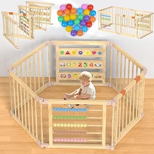 Foldable Wooden Baby Playpen with Gate, Wood Baby Play Pen Play Yard with Educational Abacus, Alphabet Board, Shape Color Board & Child Proof Lock, Wood Playpen for Babies and Toddlers 57×30×23 inch