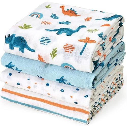 david's kids 4 Pack Baby Muslin Swaddle Blankets, 100% Cotton and Ultra Soft Breathable Receiving Blanket Wrap for Boys Girls, New Born Essentials, Large 47 x 47 inches, Dinosaur Blue